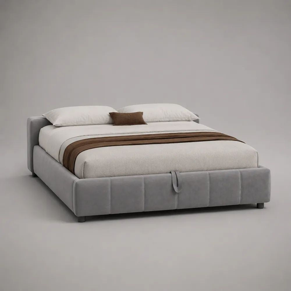 Letto matrimoniale contenitore imbottito in microfibra grigio chiaro, rete 160 x 200 cm, dimensioni 220 x 180 x 95 cm