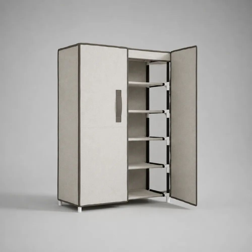 Scarpiera armadio rettangolare a 6 ripiani in acciaio e tessuto non tessuto, beige, nero e bianco, 100 x 30 x 160 cm