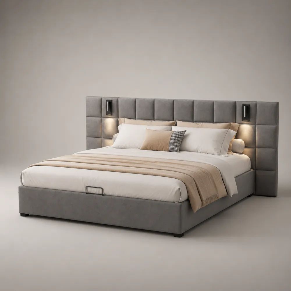 Letto matrimoniale contenitore 160 x 200 cm in microfibra grigia con testiera a pannelli e 2 luci LED, 260 x 215 x 145 cm