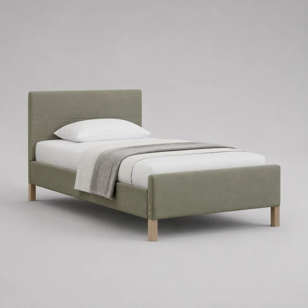 Letto singolo imbottito 90 x 200 cm con testiera, pediera e rete a doghe, 215 x 101 x 100 cm, verde salvia