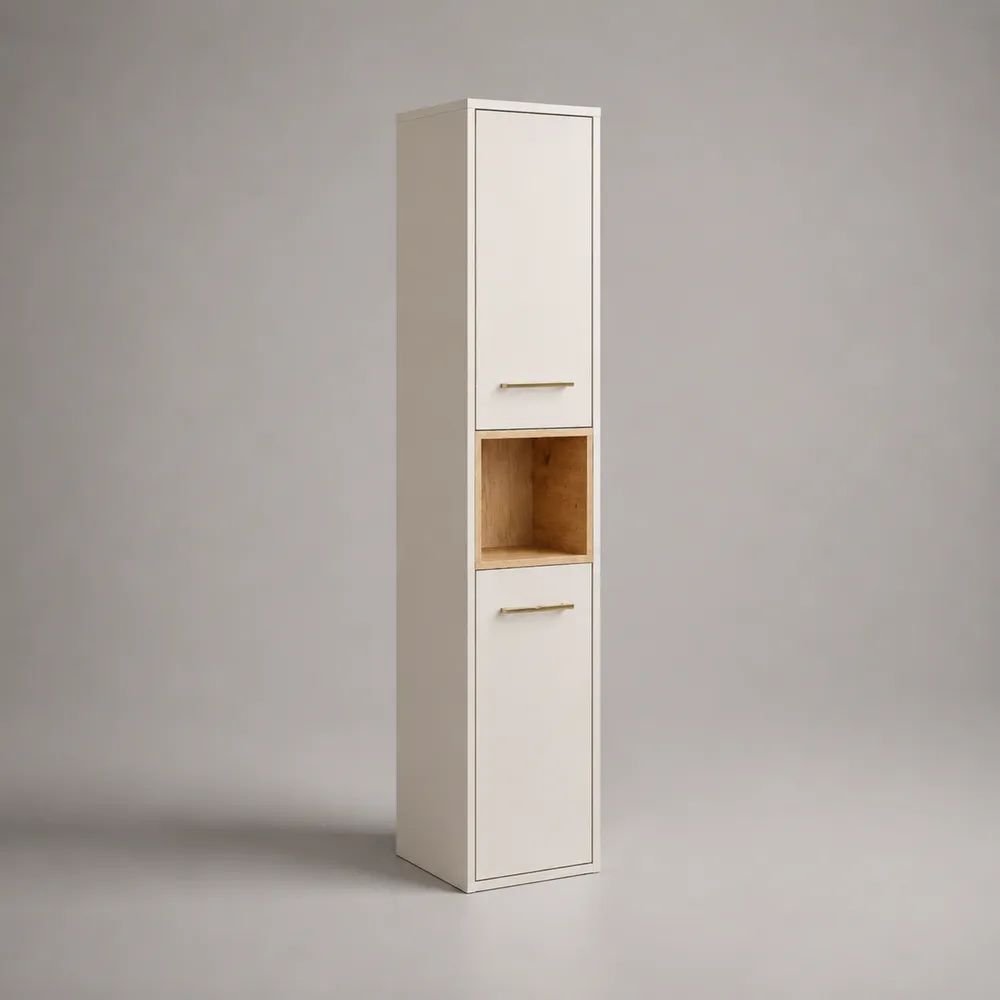 Colonna bagno rettangolare in MDF e truciolare con 2 ante e vano aperto, bianco e rovere naturale, 30 x 30 x 180 cm