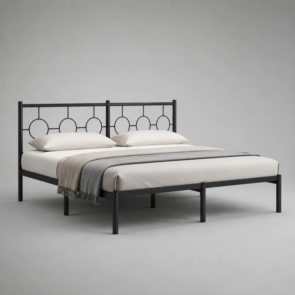 Struttura letto matrimoniale 160 x 200 cm in acciaio nero con testiera geometrica, 208 x 166 x 101 cm
