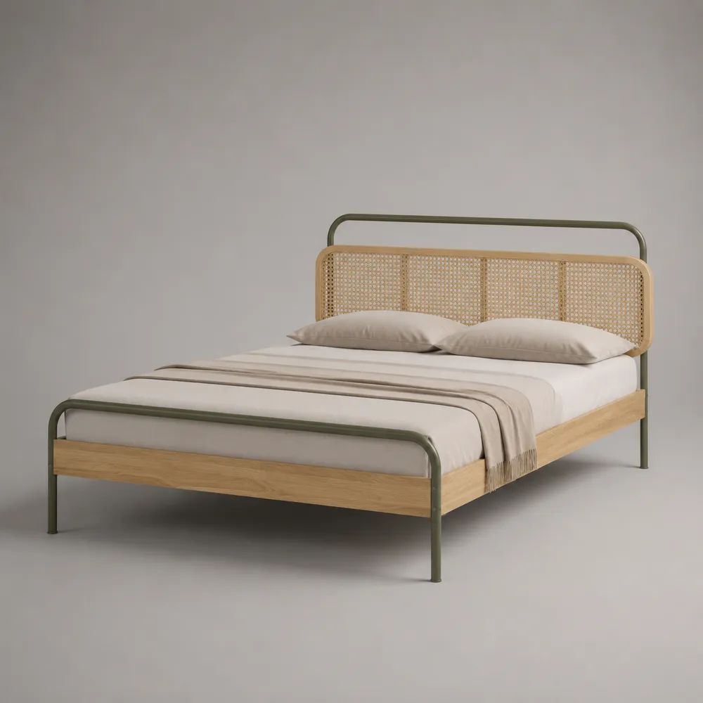 Letto matrimoniale 160 × 200 cm in acciaio e frassino massello con testiera in rattan, verde oliva e naturale
