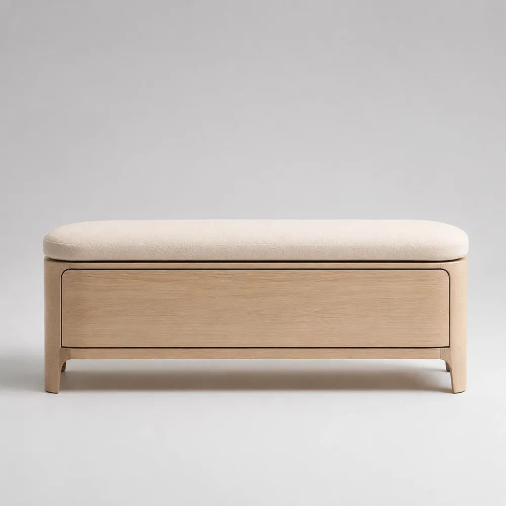 Panca scarpiera rettangolare in legno con vano contenitore e seduta imbottita beige, rovere naturale, 100 x 35 x 48 cm
