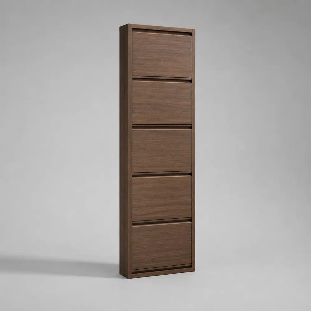 Scarpiera salvaspazio rettangolare in legno con 5 ante ribaltabili, marrone noce scuro, 50 x 15 x 180 cm