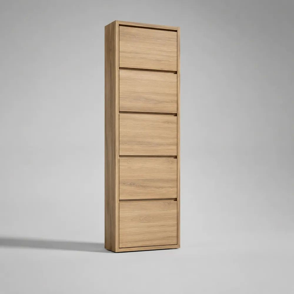 Scarpiera salvaspazio in legno con 5 ante ribaltabili, Rovere naturale, 60 × 24 × 180 cm