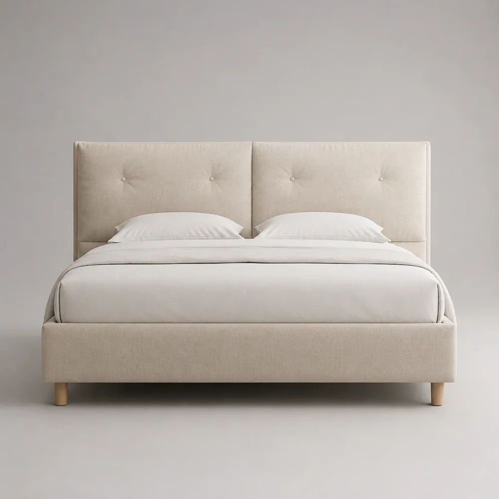 Letto matrimoniale imbottito in tessuto beige chiaro con testiera a bottoni, rete a doghe, materasso 160 x 200 cm, dimensioni 170 x 215 x 120 cm