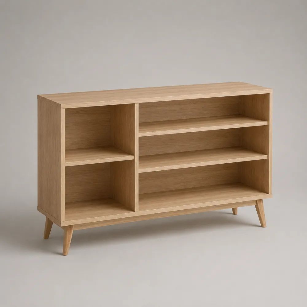 Scarpiera aperta in MDF impiallacciato rovere con 5 vani e gambe in legno massello, rovere naturale, 120 × 35 × 80 cm