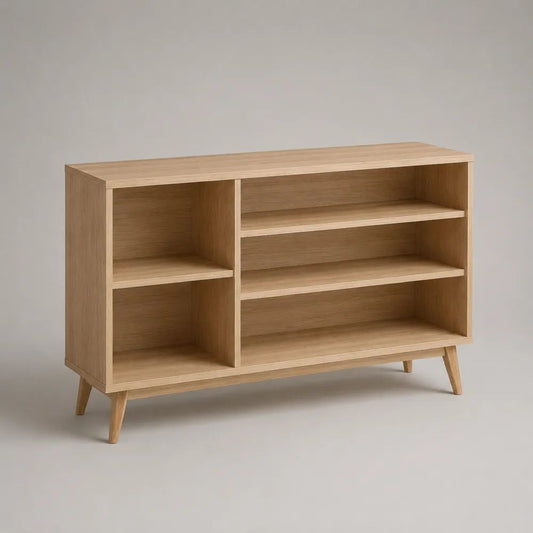 Scarpiera aperta in MDF impiallacciato rovere con 5 vani e gambe in legno massello, rovere naturale, 120 × 35 × 80 cm
