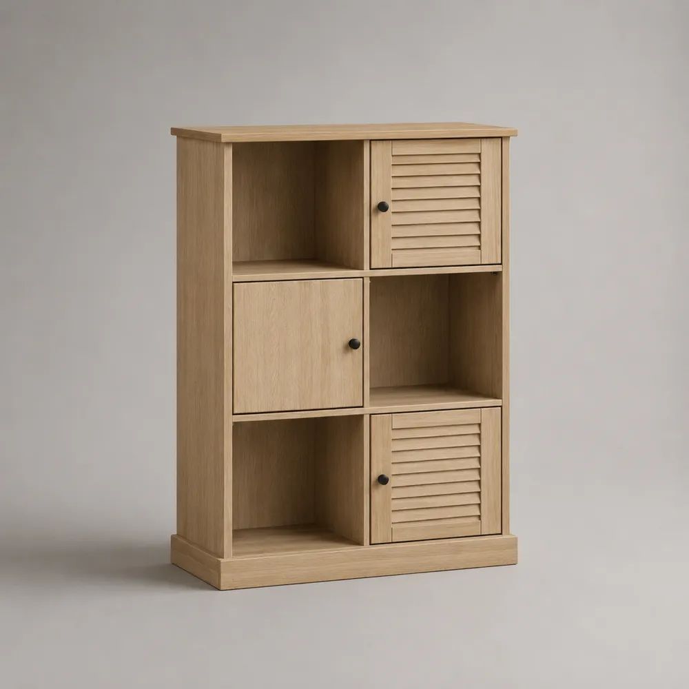 Libreria in legno a 6 vani con 3 ante, effetto rovere naturale e pomelli neri, 80 x 30 x 120 cm
