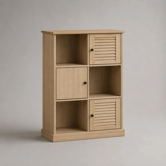 Libreria in legno a 6 vani con 3 ante, effetto rovere naturale e pomelli neri, 80 x 30 x 120 cm