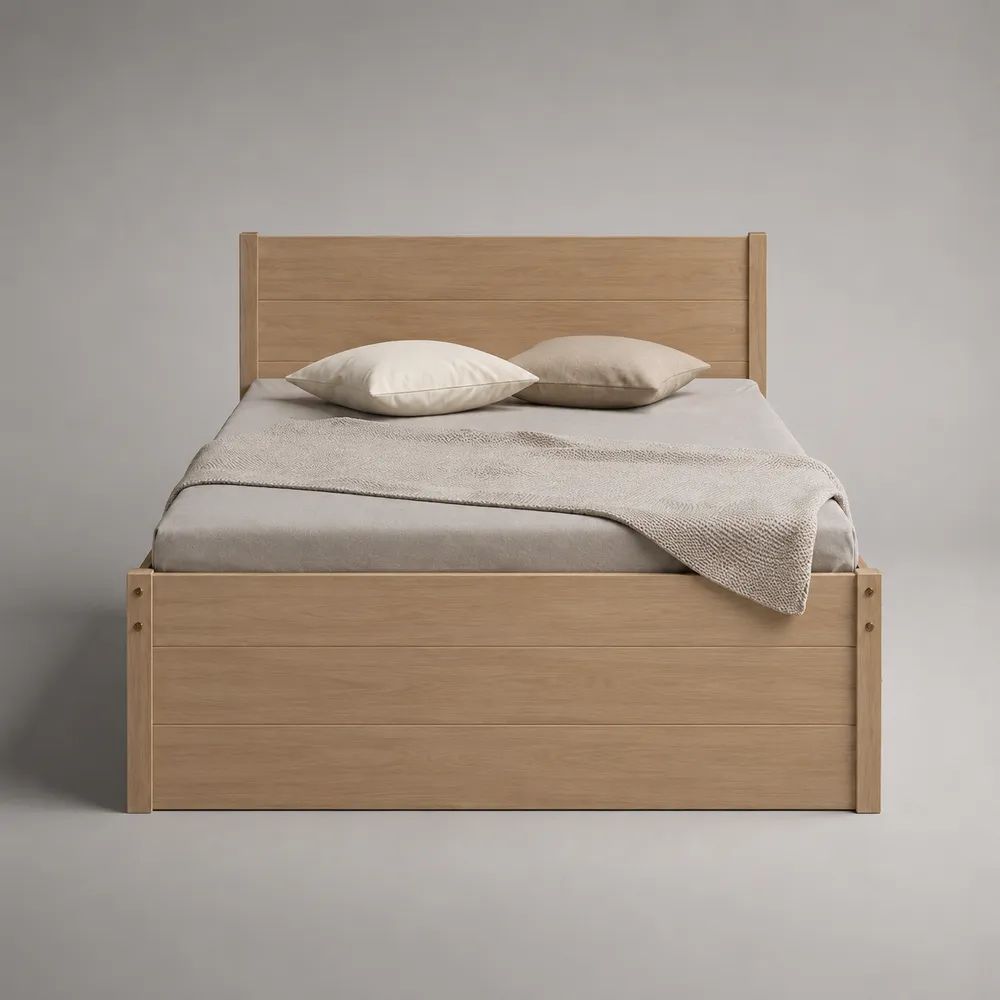 Letto matrimoniale contenitore in pannelli melaminici effetto rovere naturale con rete sollevabile, 170 x 202 x 110 cm, per materasso 160 x 190 cm