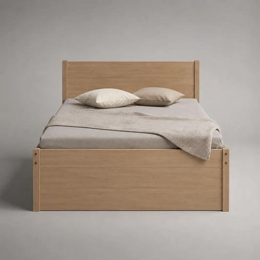 Letto matrimoniale contenitore in pannelli melaminici effetto rovere naturale con rete sollevabile, 170 x 202 x 110 cm, per materasso 160 x 190 cm