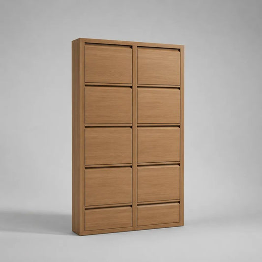 Scarpiera salvaspazio rettangolare a 10 ante a ribalta in MDF, rovere naturale, 100 x 24 x 190 cm