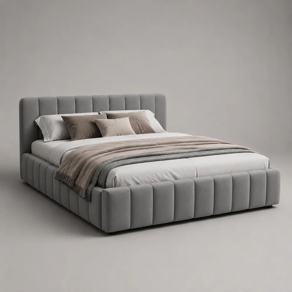 Letto matrimoniale contenitore imbottito in velluto grigio, rete 160 x 200 cm, dimensioni 220 x 182 x 110 cm, testiera scanalata