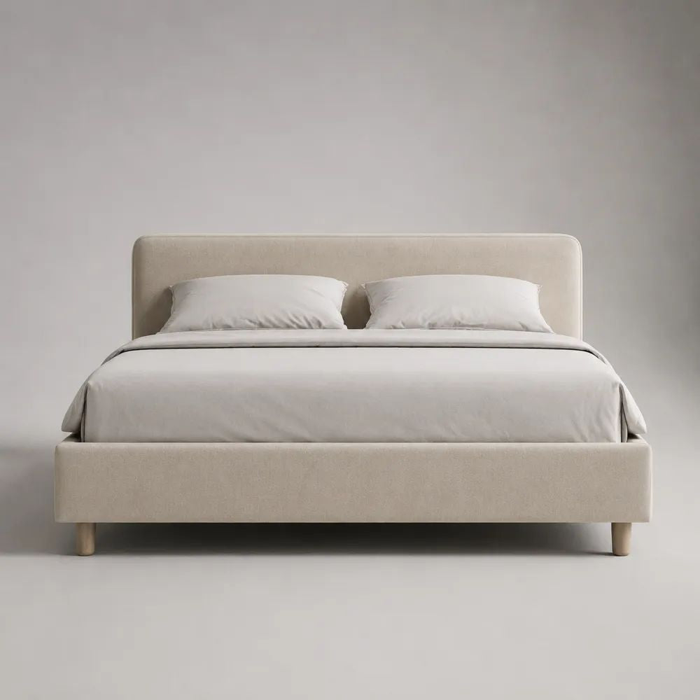 Letto matrimoniale contenitore imbottito beige 160 x 200 cm con testiera rettangolare