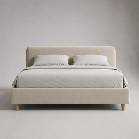 Letto matrimoniale contenitore imbottito beige 160 x 200 cm con testiera rettangolare