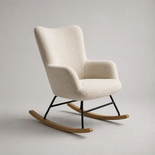 Poltrona a dondolo con schienale alto in bouclé di poliestere, metallo e legno, bianco crema, 75 × 95 × 102 cm