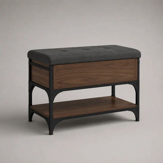 Panca scarpiera rettangolare imbottita con contenitore e ripiano in acciaio e MDF, grigio antracite, noce e nero, 80 x 35 x 60 cm