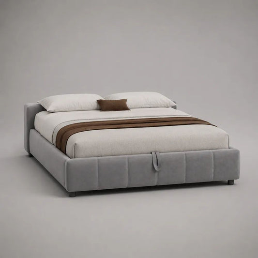 Letto matrimoniale contenitore imbottito in microfibra grigio chiaro, rete 160 x 200 cm, dimensioni 220 x 180 x 95 cm