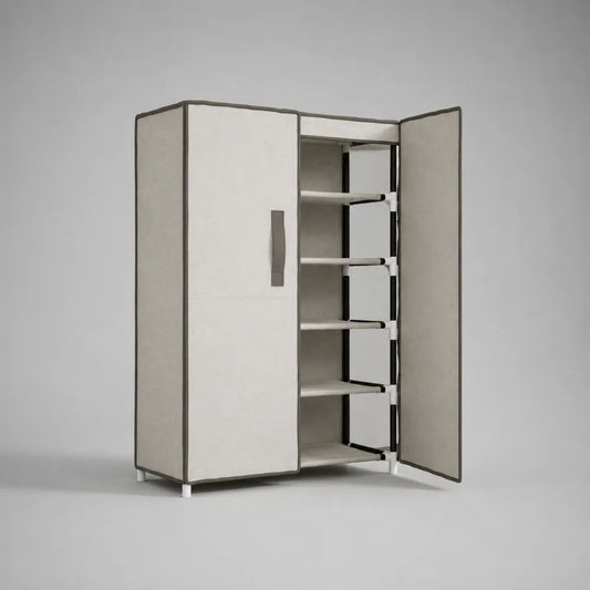 Scarpiera armadio rettangolare a 6 ripiani in acciaio e tessuto non tessuto, beige, nero e bianco, 100 x 30 x 160 cm