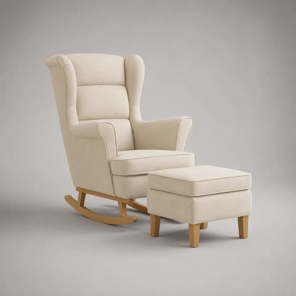 Set di 2 pezzi con poltrona a dondolo e poggiapiedi in tessuto crema e legno, poltrona 75 × 90 × 105 cm, poggiapiedi 55 × 45 × 42 cm