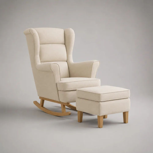 Set di 2 pezzi con poltrona a dondolo e poggiapiedi in tessuto crema e legno, poltrona 75 × 90 × 105 cm, poggiapiedi 55 × 45 × 42 cm