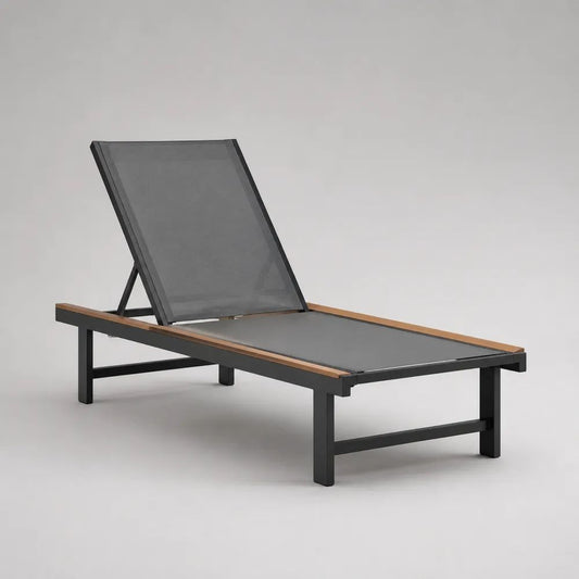 Lettino prendisole da esterno reclinabile in alluminio, legno e tessuto, grigio antracite e marrone, 198 x 65 x 95 cm