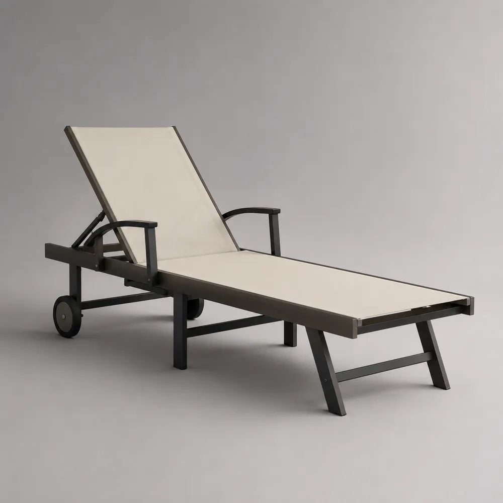 Lettino prendisole reclinabile in alluminio e textilene con braccioli e ruote, beige e antracite, 194 x 65 x 87 cm