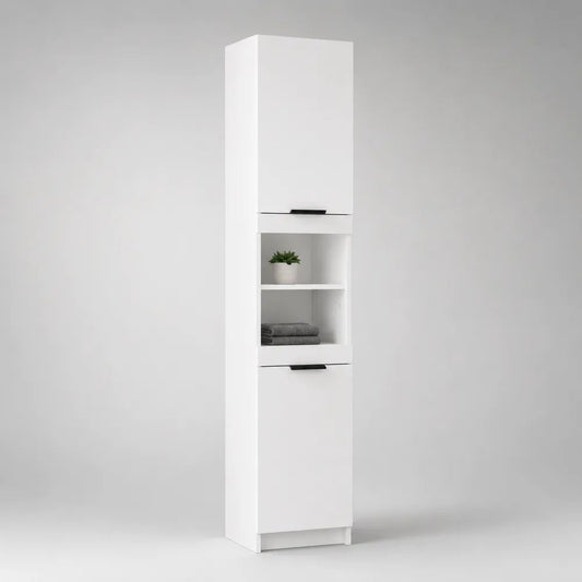 Scarpiera a colonna rettangolare in legno con 2 ante e 2 vani aperti, bianca e nera, 35 × 32 × 180 cm