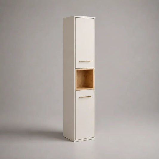 Colonna bagno rettangolare in MDF e truciolare con 2 ante e vano aperto, bianco e rovere naturale, 30 x 30 x 180 cm