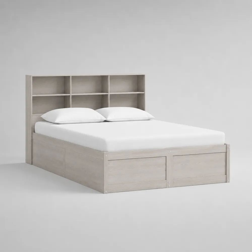 Letto matrimoniale in legno con testiera libreria e 2 cassetti, rovere grigio chiaro, 166 x 218 x 120 cm, per materasso 160 x 200 cm