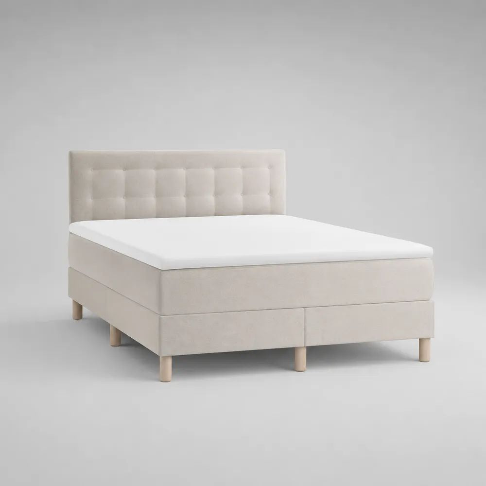 Letto matrimoniale boxspring in tessuto beige con testiera capitonné, materasso e topper, superficie 160 x 200 cm, dimensioni 170 x 215 x 110 cm