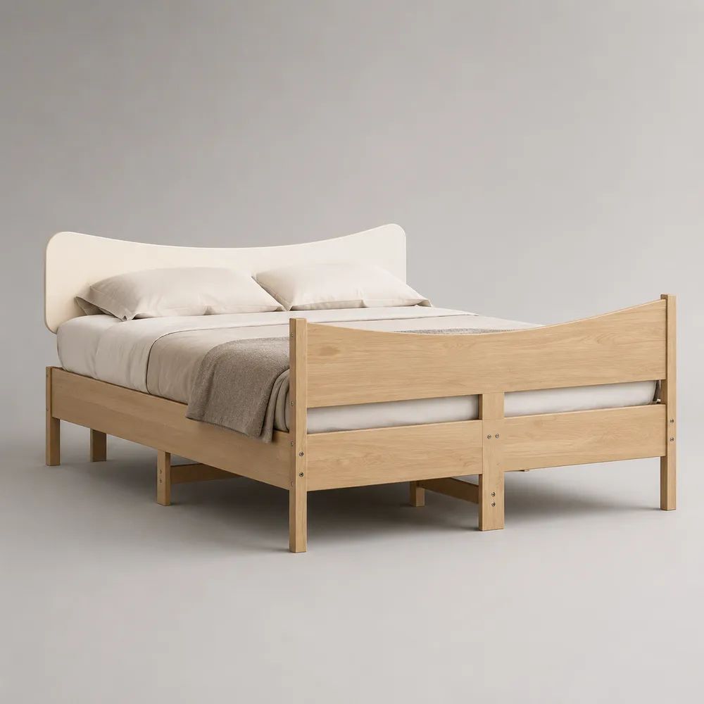 Letto matrimoniale in legno 160 x 200 cm con rete a doghe, testiera bianca e finitura rovere naturale, 168 x 208 x 105 cm