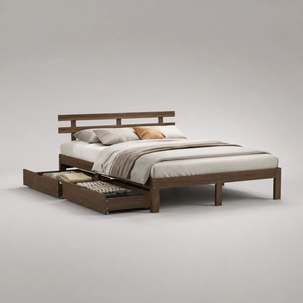 Letto matrimoniale in legno marrone noce con rete a doghe e 2 cassetti, per materasso 160 x 200 cm, dimensioni 168 x 215 x 100 cm