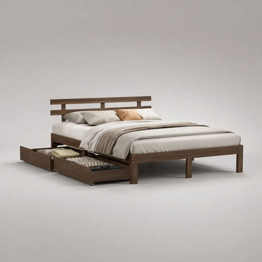 Letto matrimoniale in legno marrone noce con rete a doghe e 2 cassetti, per materasso 160 x 200 cm, dimensioni 168 x 215 x 100 cm