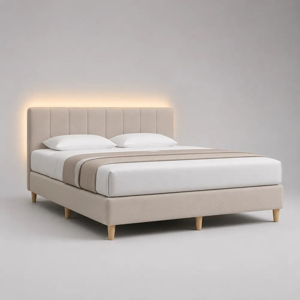Letto matrimoniale imbottito in poliestere beige con illuminazione LED e rete a doghe, materasso 160 x 200 cm, ingombro 171 x 216 x 110 cm