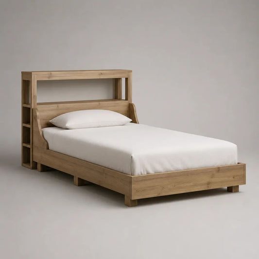 Letto singolo in legno con testiera libreria, marrone naturale, superficie di riposo 90 × 200 cm, dimensioni 216 × 105 × 145 cm