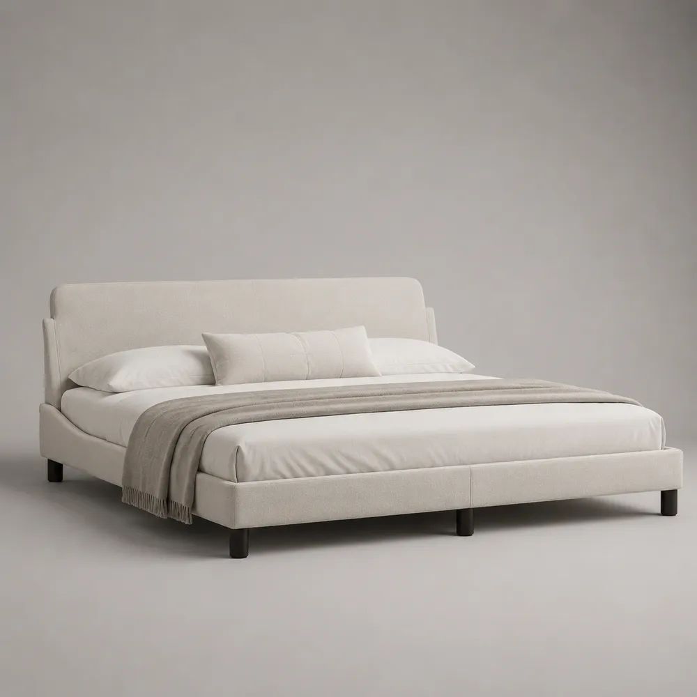 Letto matrimoniale imbottito in tessuto avorio, rete a doghe e testiera rettangolare, 160 × 200 cm