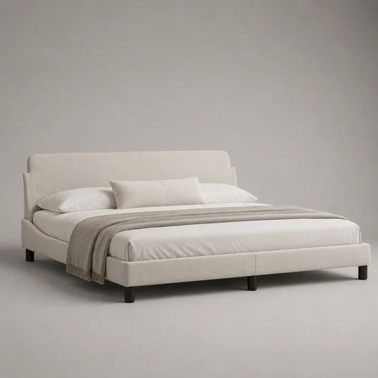 Letto matrimoniale imbottito in tessuto avorio, rete a doghe e testiera rettangolare, 160 × 200 cm
