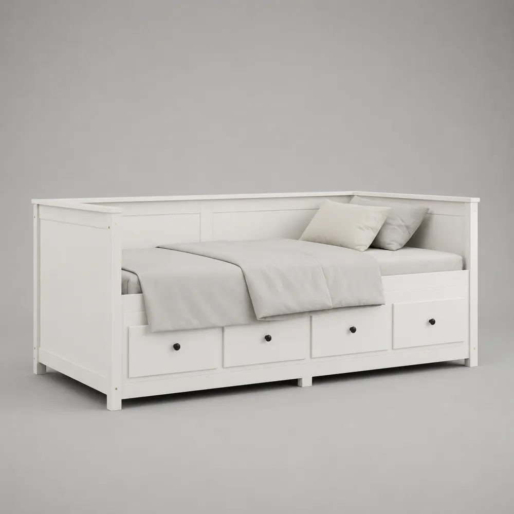 Letto-divano singolo in MDF bianco con 4 cassetti, per materasso 90 × 200 cm, dimensioni 205 × 96 × 80 cm