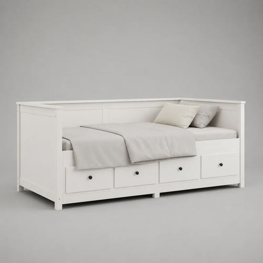 Letto-divano singolo in MDF bianco con 4 cassetti, per materasso 90 × 200 cm, dimensioni 205 × 96 × 80 cm