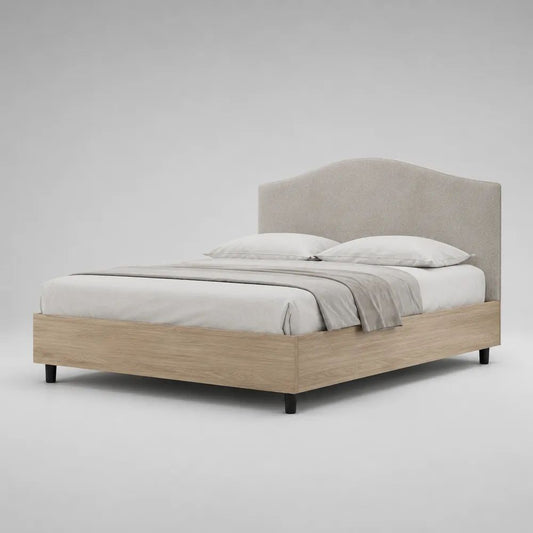Letto matrimoniale 160 x 200 cm beige e rovere naturale, struttura in legno con testiera curva imbottita in tessuto, 170 x 215 x 120 cm