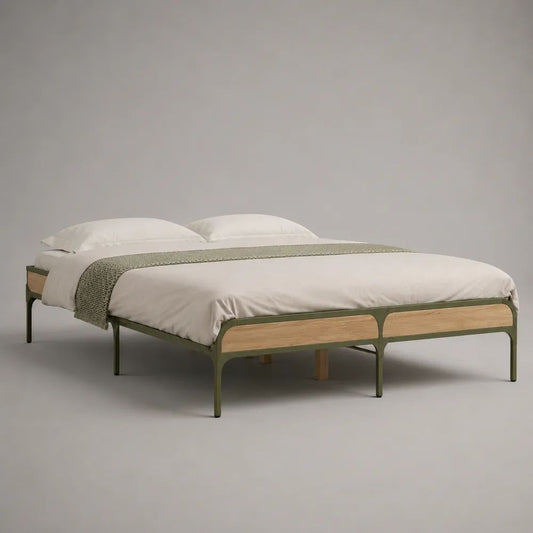 Set di 2 letti singoli accostabili 80 x 200 cm in acciaio e legno, verde oliva e rovere naturale