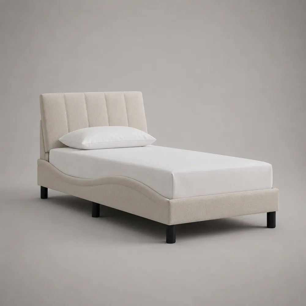 Letto singolo imbottito in bouclé di poliestere avorio 101 x 215 x 110 cm, piano letto 90 x 200 cm, con testiera scanalata e rete a doghe