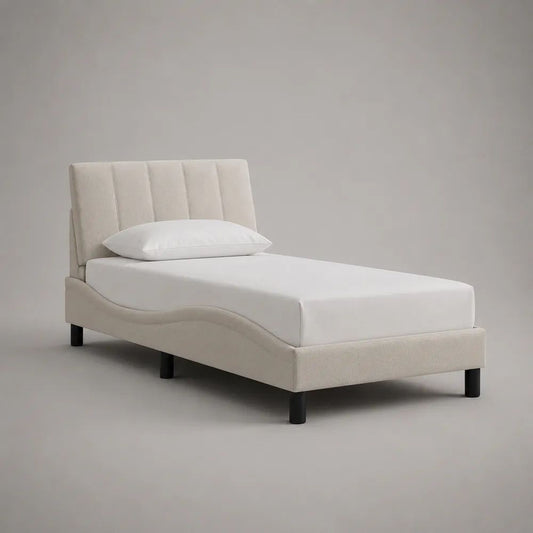 Letto singolo imbottito in bouclé di poliestere avorio 101 x 215 x 110 cm, piano letto 90 x 200 cm, con testiera scanalata e rete a doghe