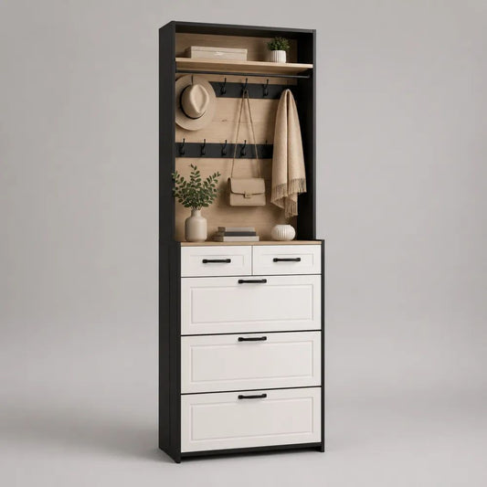 Mobile scarpiera con appendiabiti in legno e metallo, 3 ante a ribalta, 2 cassetti, Nero/Bianco/Rovere naturale, 80 × 35 × 190 cm
