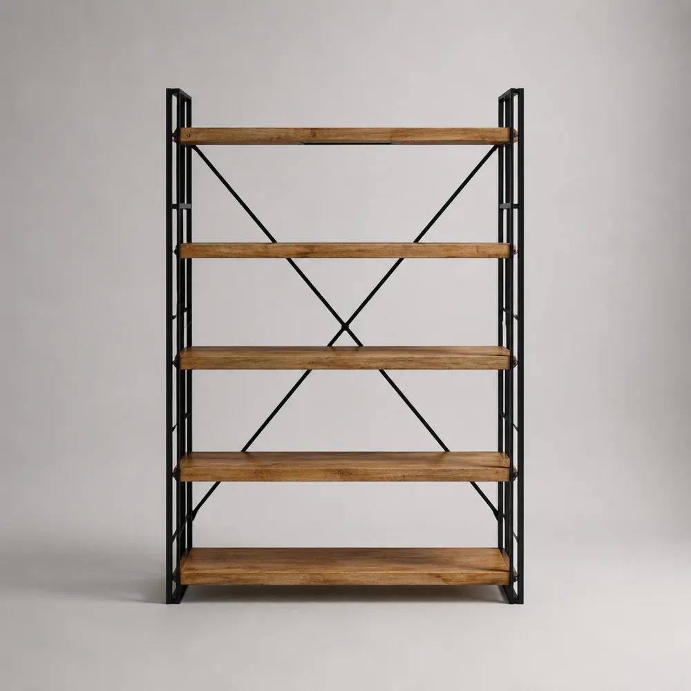 Libreria rettangolare a 5 ripiani in legno massello di pino e acciaio, marrone e nero, 120 x 35 x 180 cm