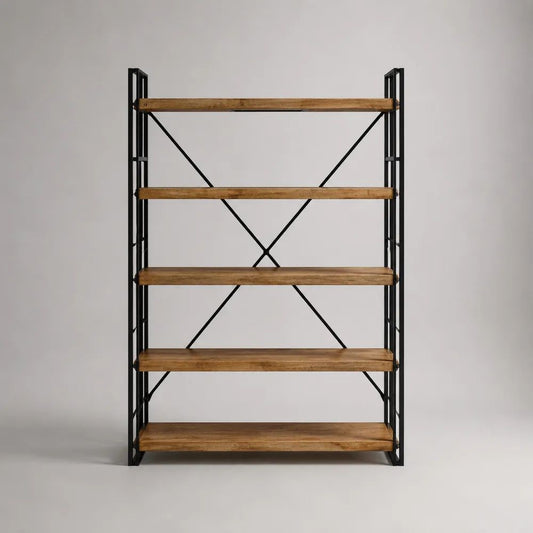 Libreria rettangolare a 5 ripiani in legno massello di pino e acciaio, marrone e nero, 120 x 35 x 180 cm