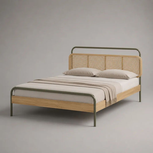 Letto matrimoniale 160 × 200 cm in acciaio e frassino massello con testiera in rattan, verde oliva e naturale